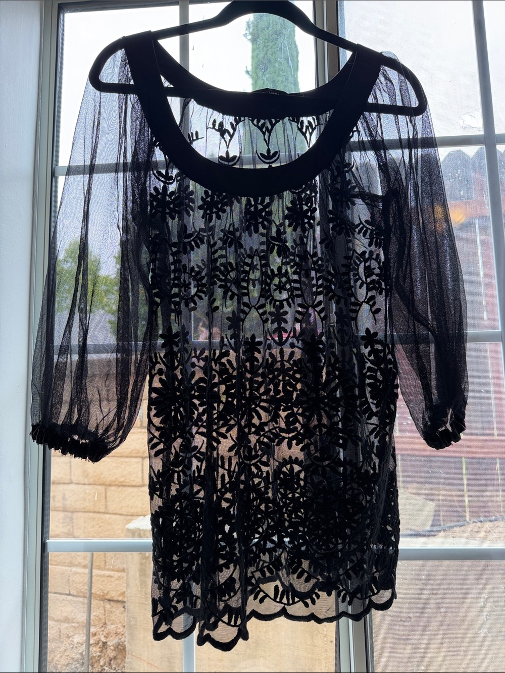 Karen Kane Sheer Black Embroidered Mesh Blouse. Size is XS but runs a little big